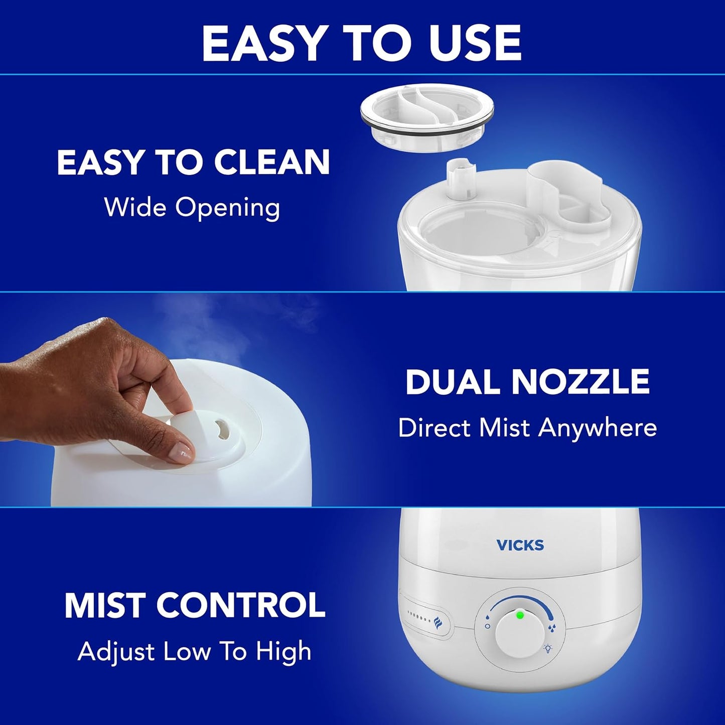 Vicks NaturalCare Cool Mist Ultrasonic Humidifier, White | Small Room Humidifier for Bedroom, Diffuser with Nighttime Light, Works with Vicks VapoPads