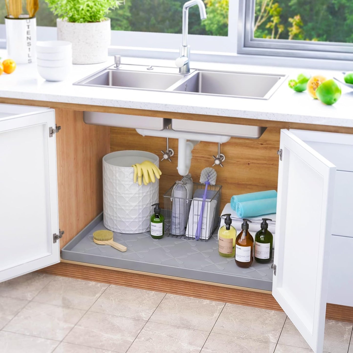 Waterproof Under Sink Mat 34" x 22", Silicone Mat Kitchen liner | BPA-Free Silicone Tray with Raised Lip Protect Cabinets from Leaks, Versatile Home Organizer for Bathroom, Pets, Boots, Floor