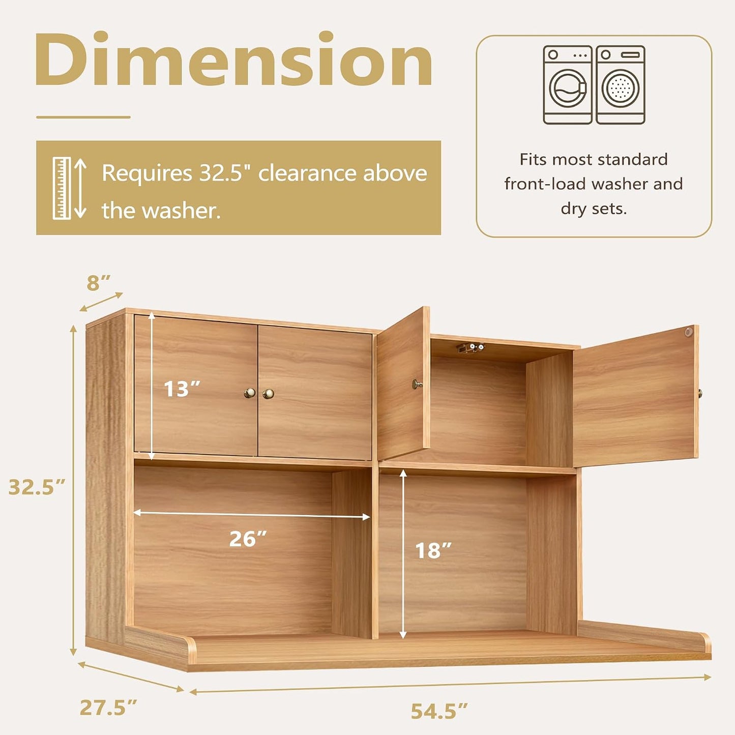 Washer Dryer Countertop with Cabinets, 2-Tier Laundry Countertop with Shelf | Washer and Dryer Topper with Edge, Over Washer and Dryer Shelves for Laundry Room, Universal Fit, 54.5"Wx27.5"Dx32.5"H