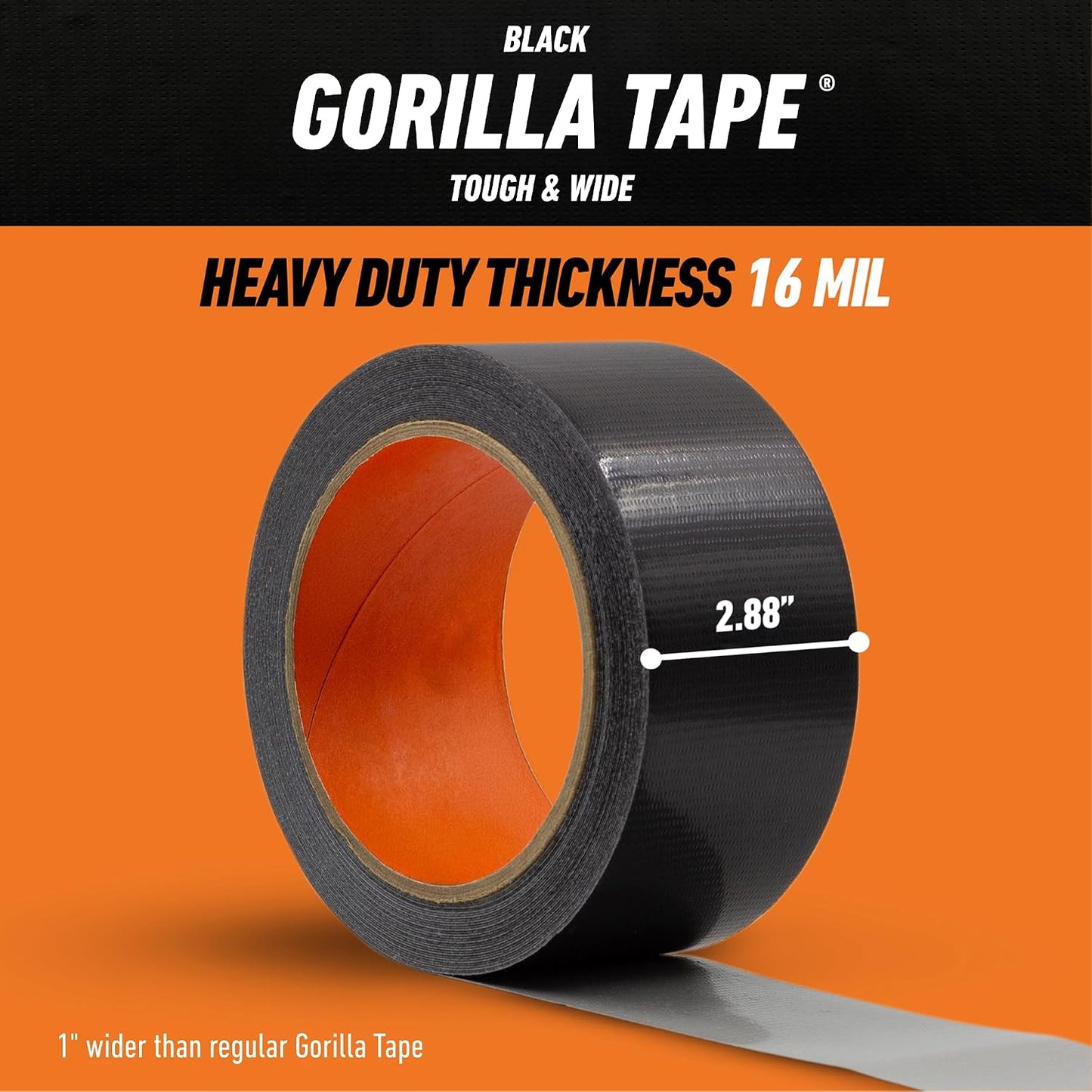Gorilla Tough & Wide Heavy Duty Duct Tape, Black, 2.88" x 25 yd, 1-Pack | Weather Resistant, Indoor & Outdoor Use, Double-Thick Adhesive, Reinforced Backing, Hand-Tearable
