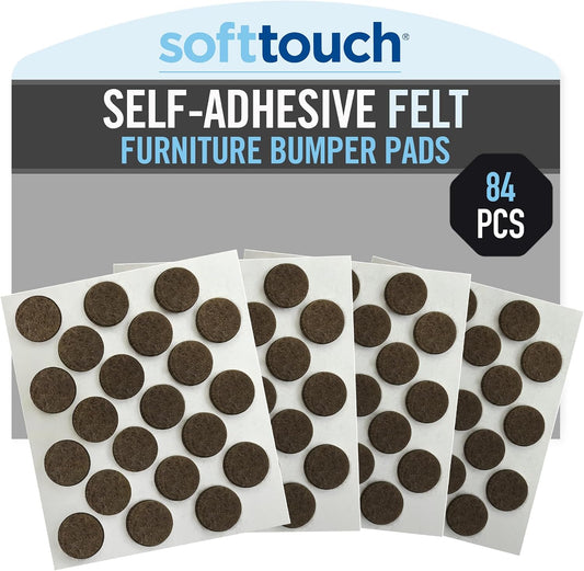 SoftTouch 3/8" Round Mini Self-Stick Furniture Slider Felt Pads for Hard Surfaces, Noise-Reducing Adhesive Furniture Moving Pads for Beds, Sofas, Dressers, 84-Count, Brown