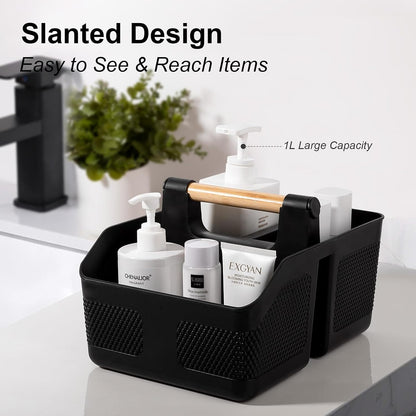 Plastic Shower Caddy Portable Shower Basket with Bamboo Handle, White | Cleaning Caddy Organizer Storage Tote for Bathroom, College Dorm Essentials, Bath Toy Storage