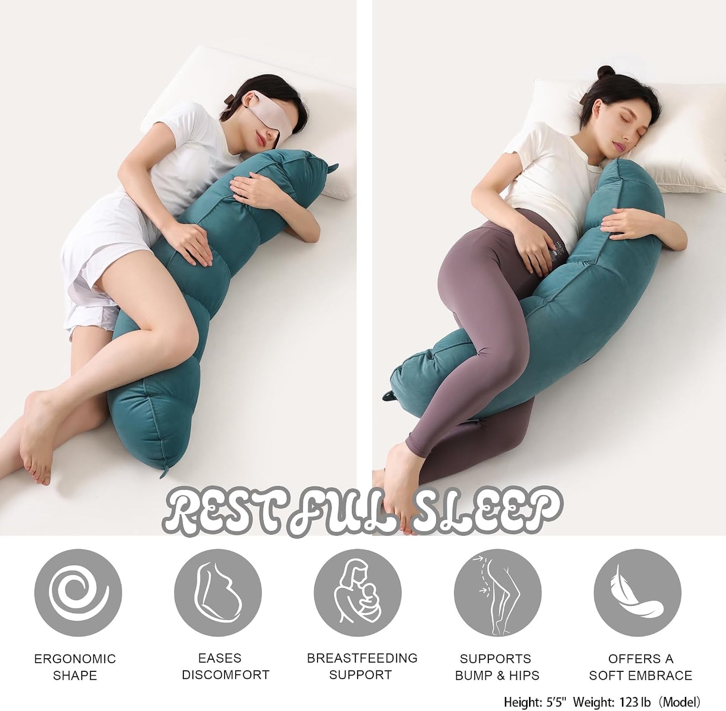 Peallow(Pat. Pend) – Long Round Body Pillow for Adults, Bolster Pillow for Sleeping, Soft and Supportive Pillow for Sleeping & Lumbar Support (Green-White, 29.5")