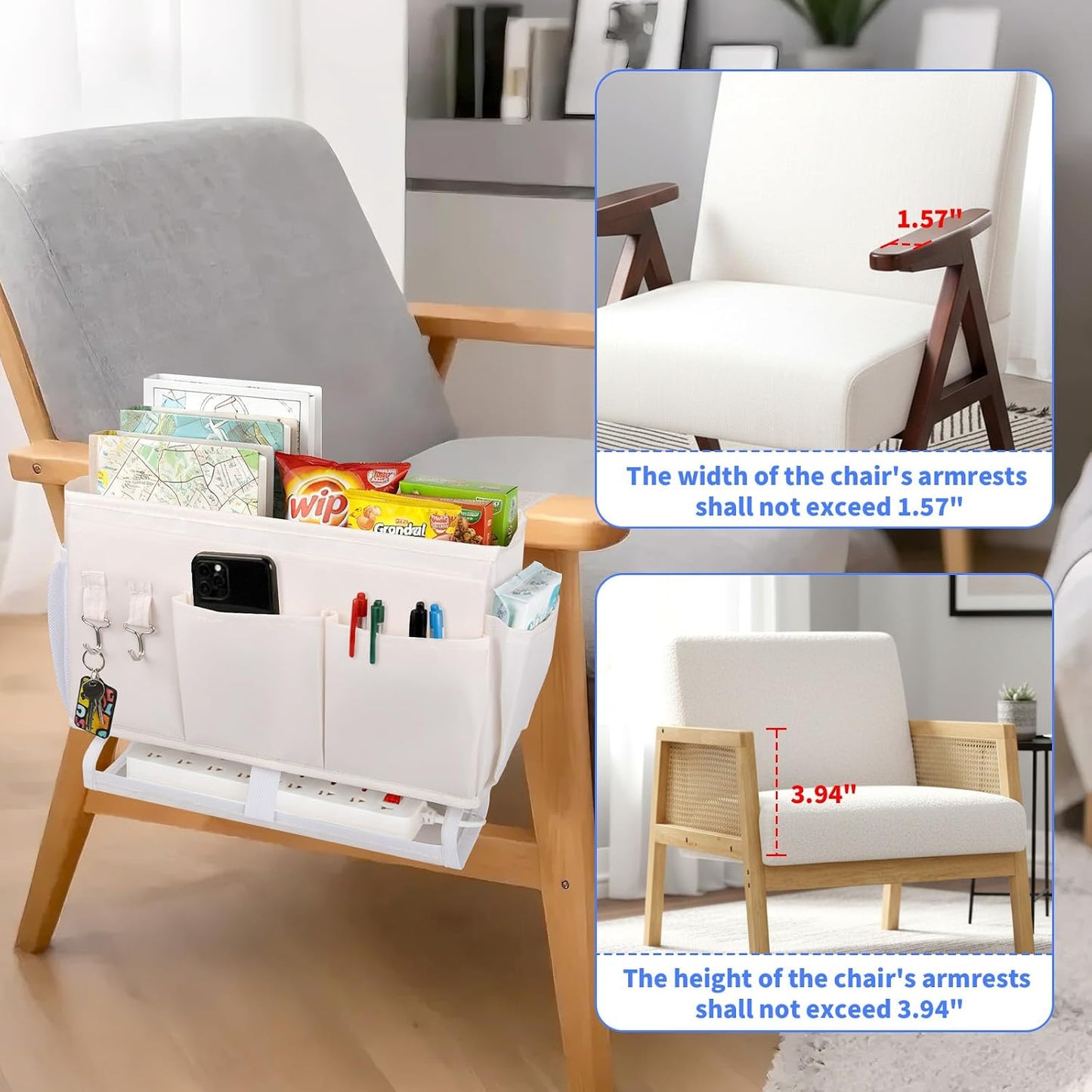 2Pcs Bedside Caddy for Dorm Bed Bedside Organizer, Bedside Storage with 10 Pockets and Power Strip Holder, Multifunctional Bedside Pocket for Home, College, Dorm, Bunk/Hospital/Crib Bed (Beige)