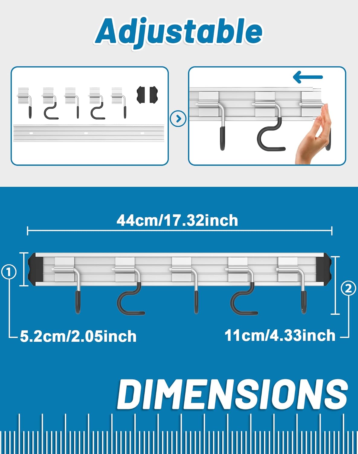 Mop and Broom Holder Wall Mount Garden Tool Rack Organizer | Modern Style, Movable Aluminum Alloy Wall Mounted Hook, Storage Gift for Bathroom, Closet, Laundry Room, Garage, Tool Room