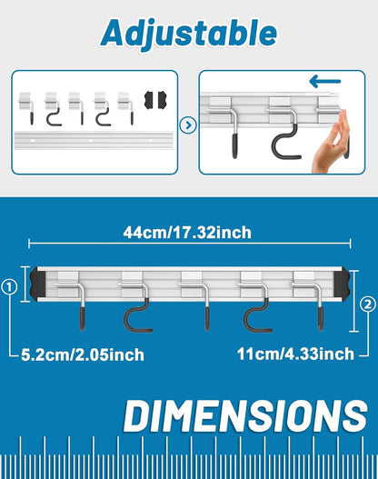 Mop and Broom Holder Wall Mount Garden Tool Rack Organizer | Modern Style, Movable Aluminum Alloy Wall Mounted Hook, Storage Gift for Bathroom, Closet, Laundry Room, Garage, Tool Room