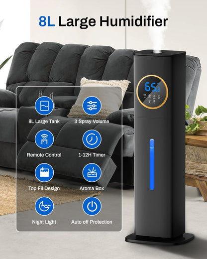 Lacidoll 8L Large Humidifier for Bedroom Large Room Home 800 sq ft, Black