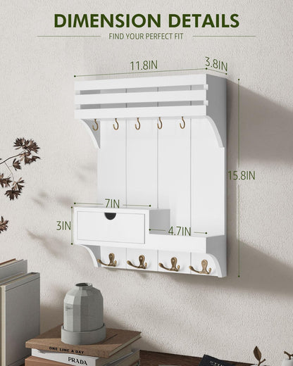 Rebee Vision Key Holder Wall Mount with Drawer Organizer for Entryway,Brown | Pine Wood, 6 Key Hooks, Display Shelf for Plants, Mail Slot for Storage Letter, Multi-Funtional Design, Home Storage