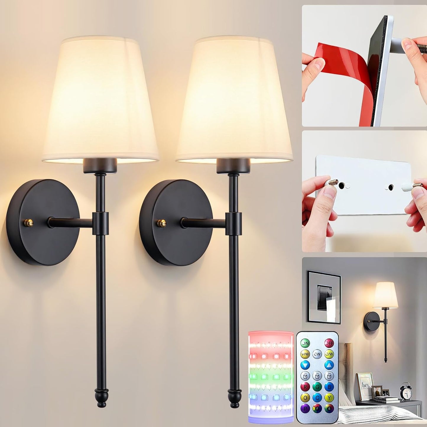 Battery Operated Wall Sconces Set Of Two, Wireless Battery Wall Light With 10000mAh RGB Rechargeable Magnetic Bulb, Rechargeable Wall Sconce With Remote Control For Bedroom, No Electrician Required