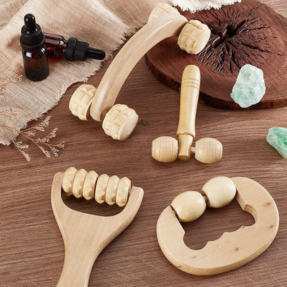 AHANDMAKER 4Pcs Massage Tool Set 4 Styles Wooden Gua Sha Tool, T-Shape Massage Roller, Therapy Trigger Point Massage Tool for Body, Face, Shoulder, Arm, Leg, Foot, Almond White