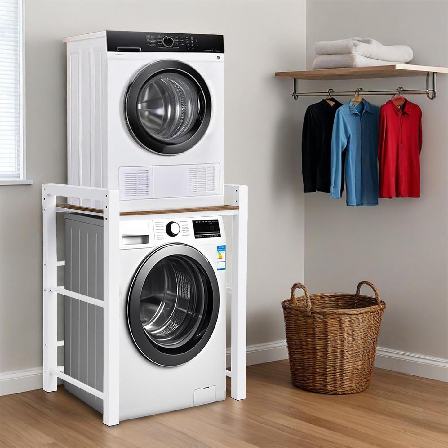 Heavy Duty Steel Shelf Over Washer and Dryer, Portable Washer and Dryer Stand, Laundry Room Organizer with Adjustable Laminate, Washing Machine Shelf for Bathroom and Laundry Room (Black-A)