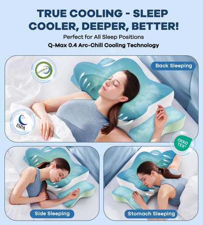 DONAMA Contour Cervical Neck Pillow for Neck Pain Relief | Queen,Ergonomic Dual-Height,Odorless Memory Foam,Side/Back/Stomach Sleepers,Cooling Hypoallergenic Cover,OEKO-TEX Certified