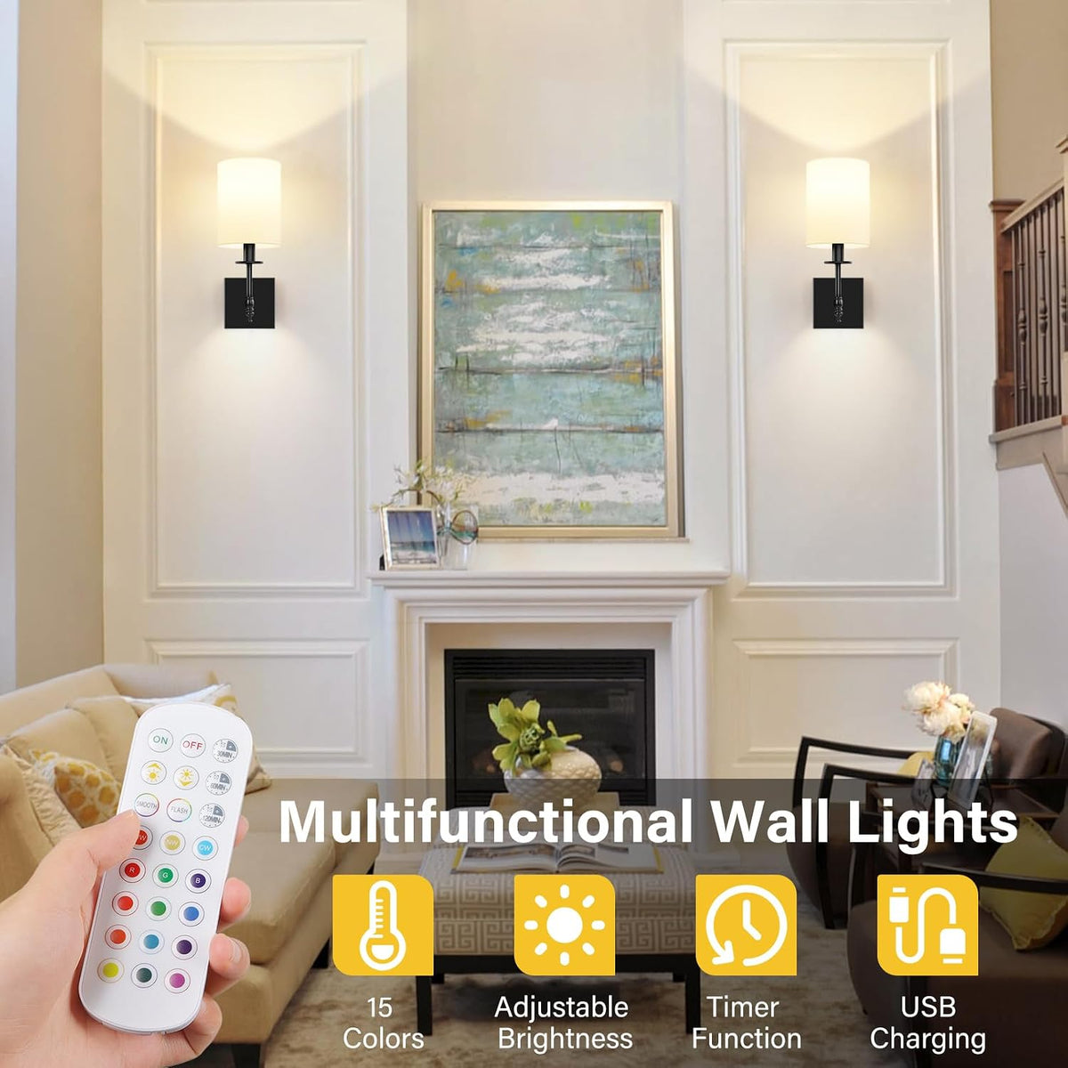 Battery Operated Wall Sconces Set of 2, Rechargeable Sconces with Remote