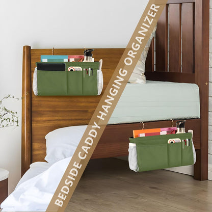 YETTASBIN Olive Green Bedside Caddy Hanging Storage Organizer Bag with 2 Straps & Hooks for Bunk Beds, College Dorm, Hospital Bed - Holder for Books, Phone, Magazine, Glasses, Keys