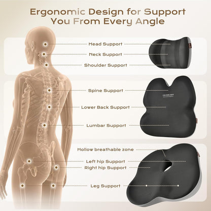 Coverado Lumbar Support Pillow and Seat Cushions for Office Chairs, Memory Foam Orthopedic Coccyx Cushion for Tailbone Pain Cushion Pillow & Back Pain Pressure Relief Seat Cushion Coffee&Beige