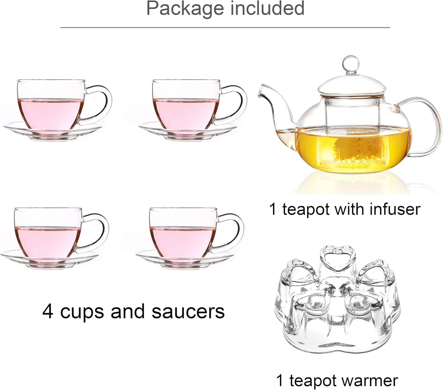 Jusalpha 11 PC-Glass Filtering Tea Maker Teapot with a Warmer and 6 Tea Cups Set (Version 2, 27-Oz) | 6 units of 1.7 oz tea cups, tea set comes with a 27 oz teapot with a removable infuser