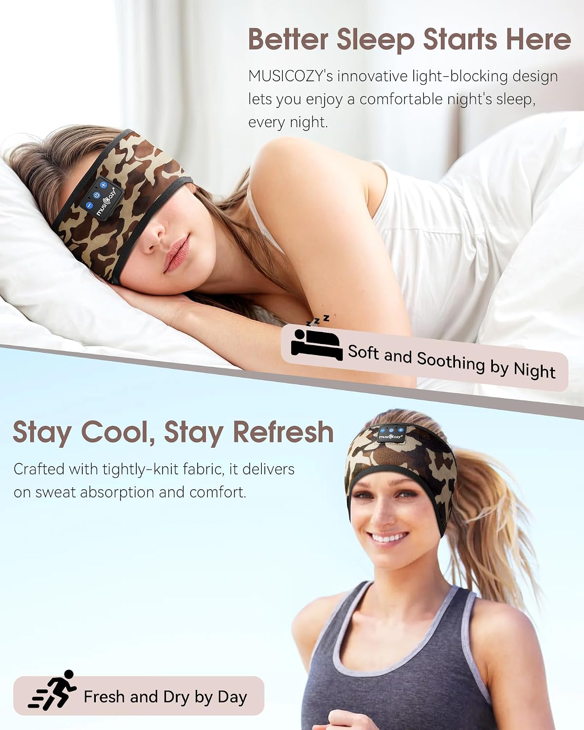 MUSICOZY Sleep Headphones Bluetooth Headband Headphones for Side Sleepers