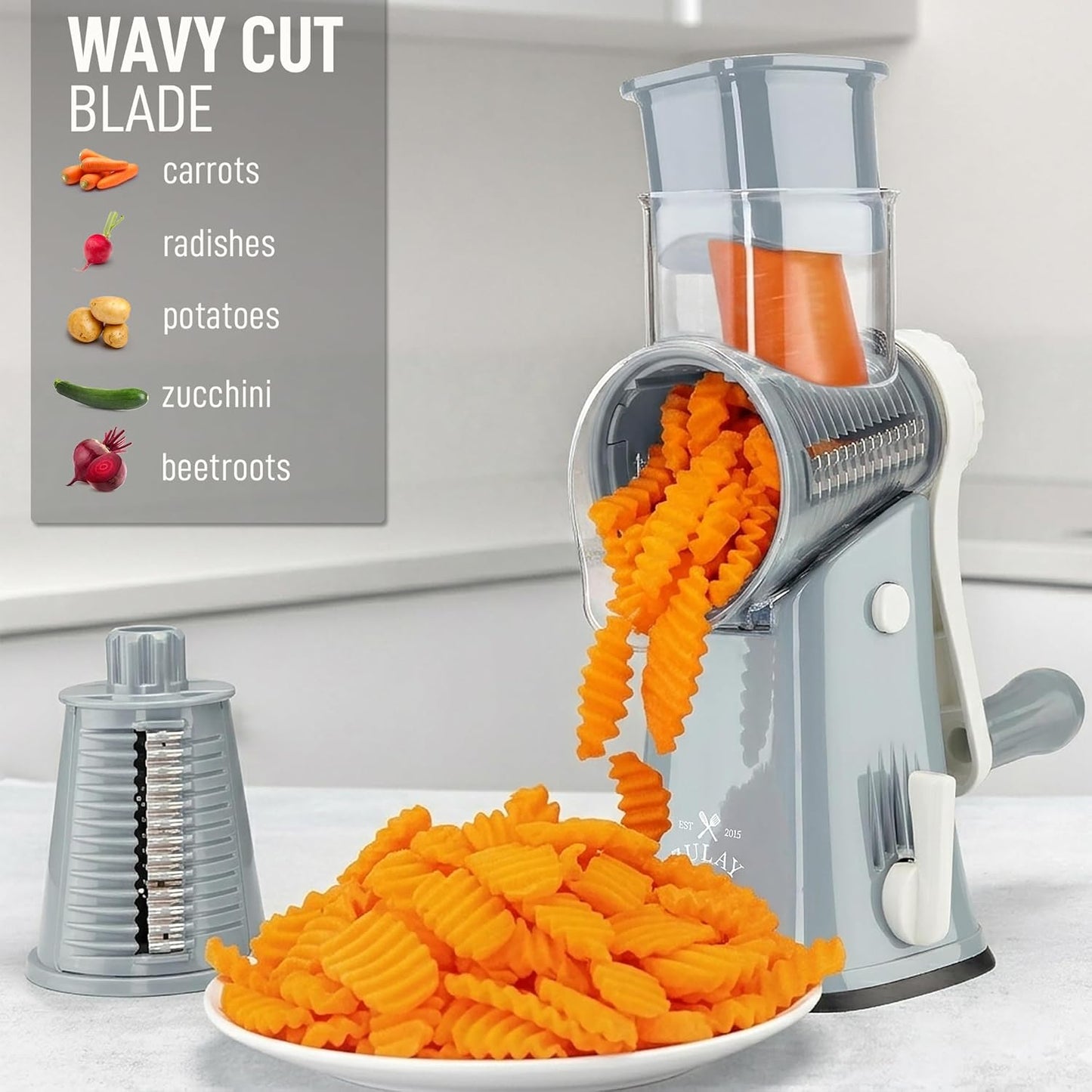 Zulay Kitchen Rotary Cheese Grater 5 Blade Cheese Shredder - Manual Hand Crank Cheese Grater With Reinforced Suction & 5 Interchangeable Drums - Easy to Use, Vegetable Chopper Round Mandoline Slicer - Colors B