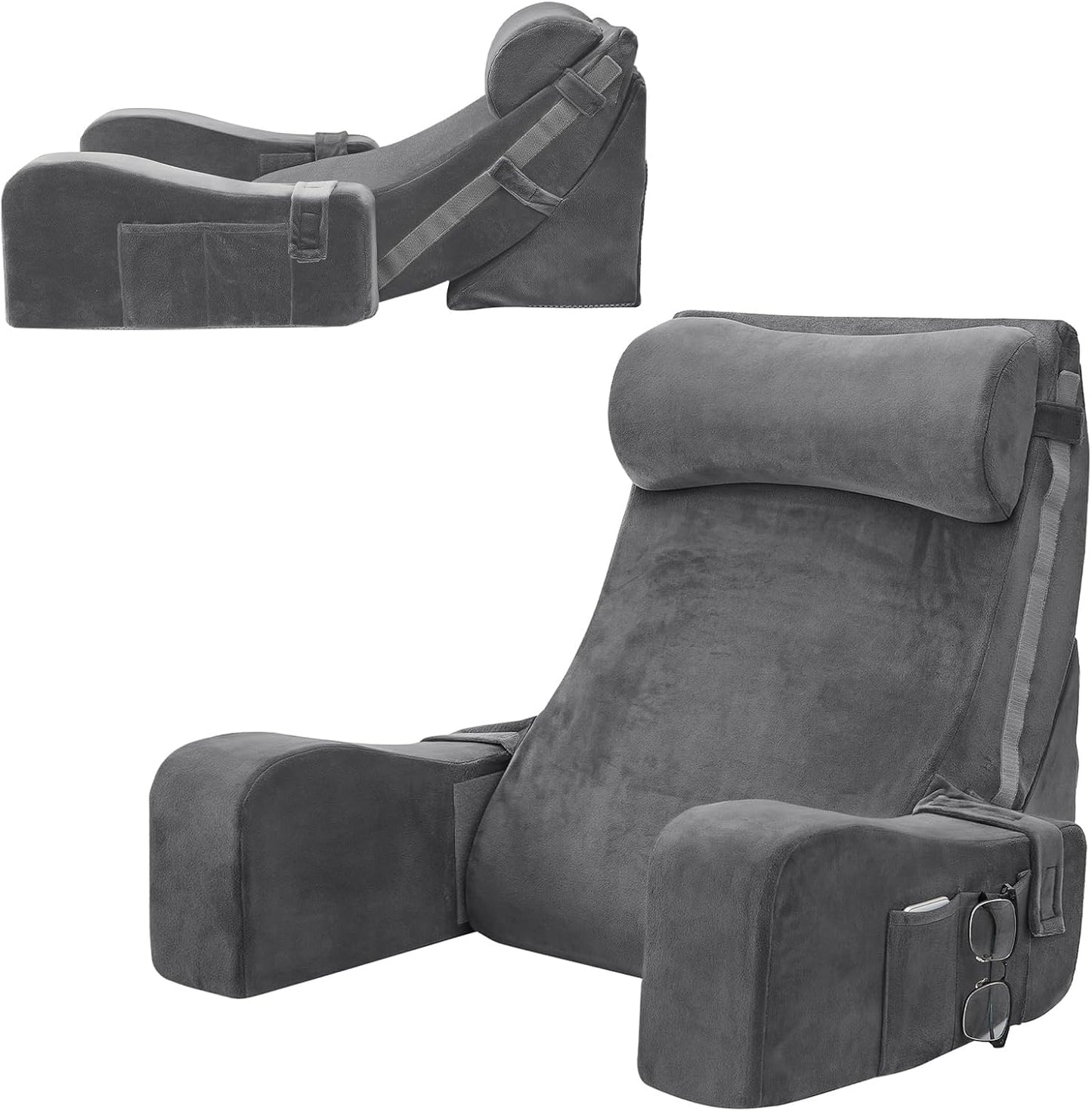 Sasttie 15-25 inch Adjustable Reading Pillow with Armrests, Dark Grey | Back Rest Pillow with Secure Side Straps, Memory Foam Back Support Cushion Bed Chair for Reading, Gaming & Relaxing