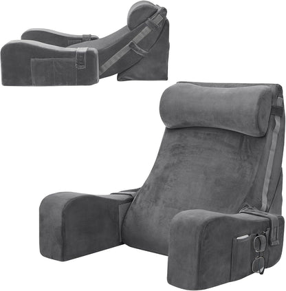 Sasttie 15-25 inch Adjustable Reading Pillow with Armrests, Dark Grey | Back Rest Pillow with Secure Side Straps, Memory Foam Back Support Cushion Bed Chair for Reading, Gaming & Relaxing