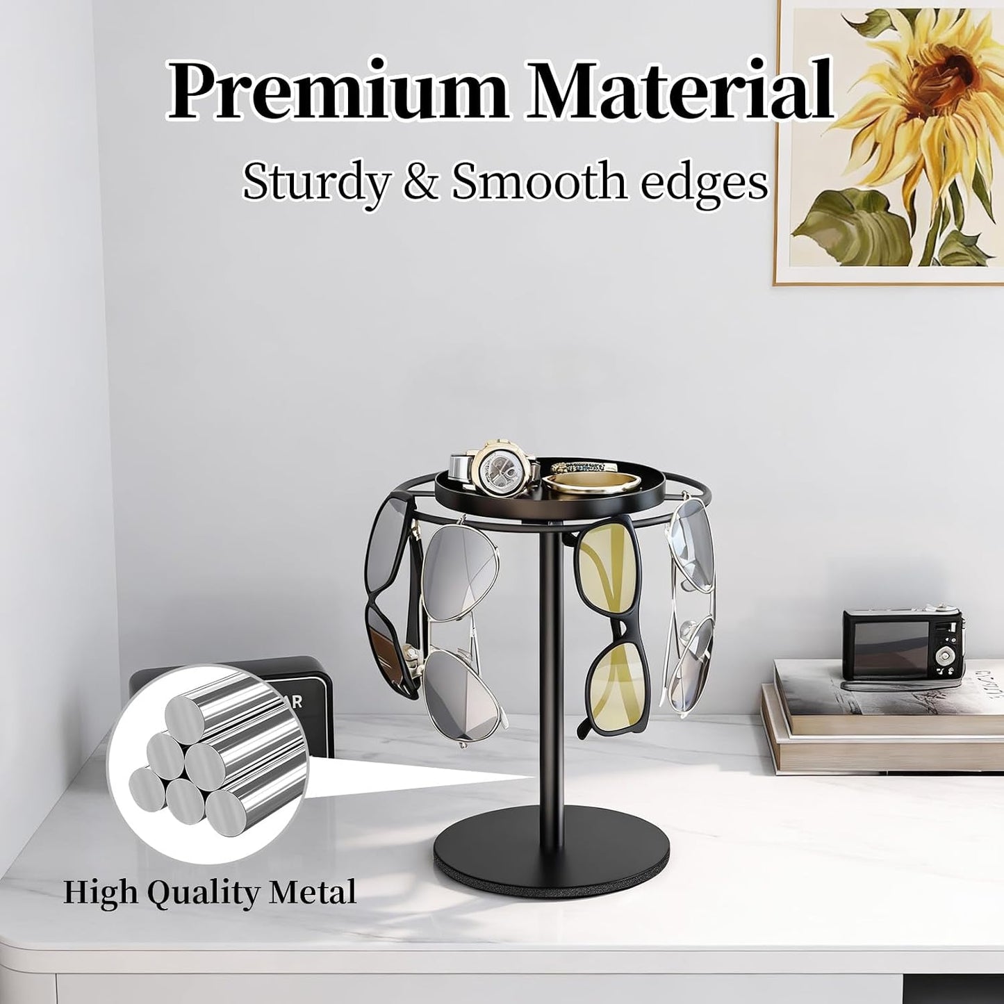 LSK Metal Sunglasses Organizer, Glasses Holder Stand with Storage Tray | Eyeglasses Holder with Anti-Slip Pads for Tabletop, Desk, Dresser, Matte Black