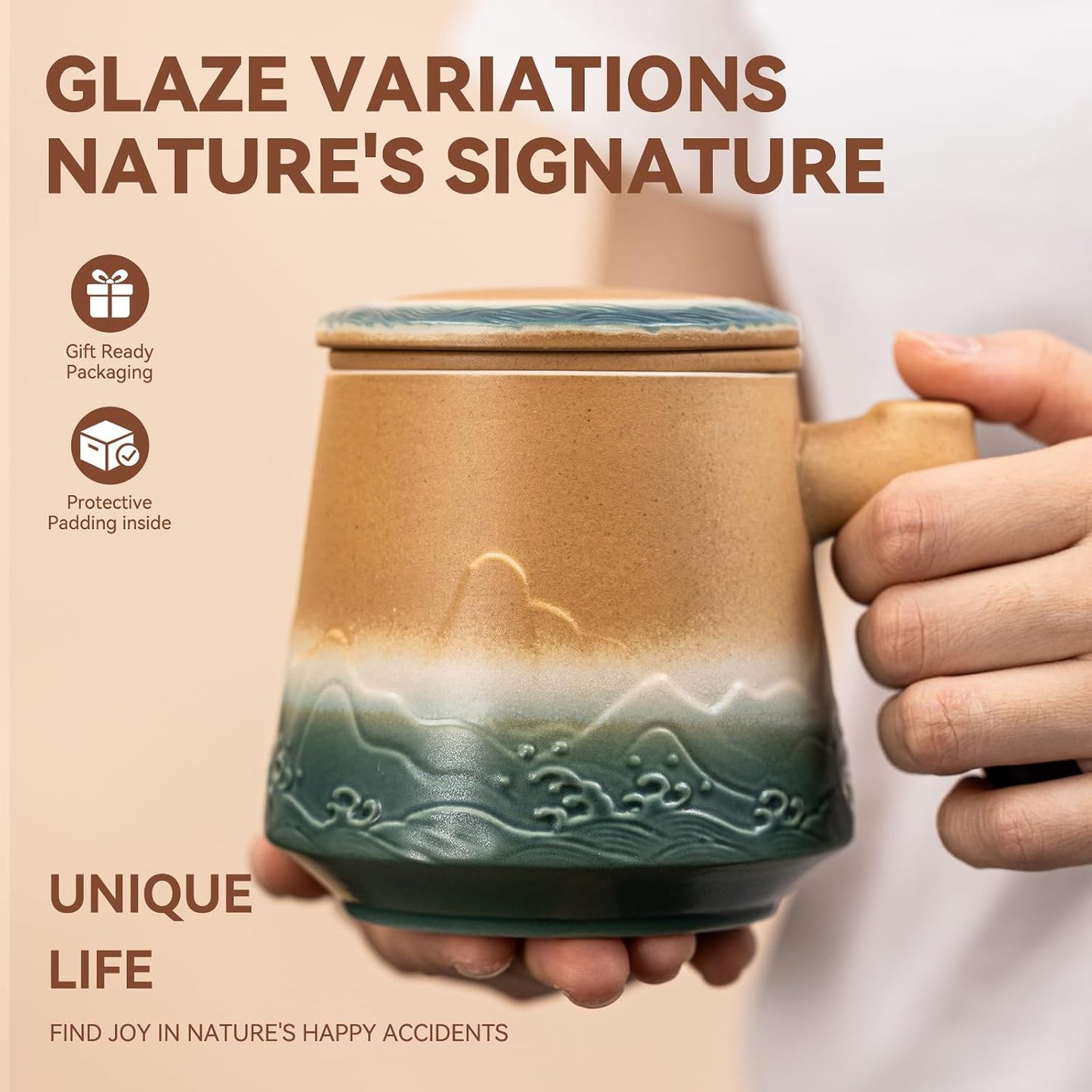 Ceramic Tea Mug with Infuser & Lid, 15oz Kiln-Transformed Unique Cup – Nature's Artisan Design, Loose Leaf Tea Cup with Infuser, Insulated Ceramic Coffee Mugs with Lid, Gift for Women/Men