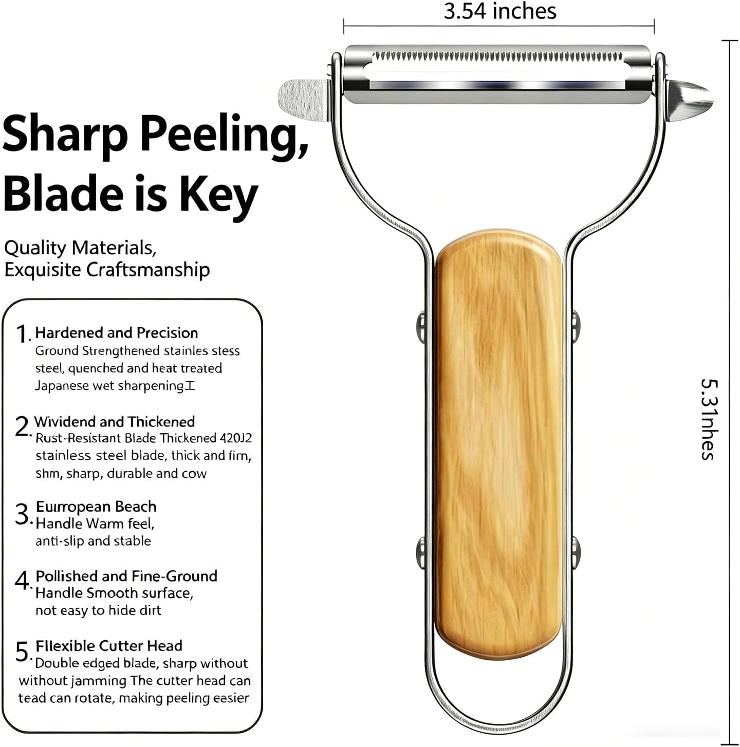 Large Y Veg Peeler, Wide Serrated Stainless Steel Blade Wood Handle | Practical cabbage peeler with built-in potato eye remover, lightweight compact kitchen tool. Ideal gift for home cooking
