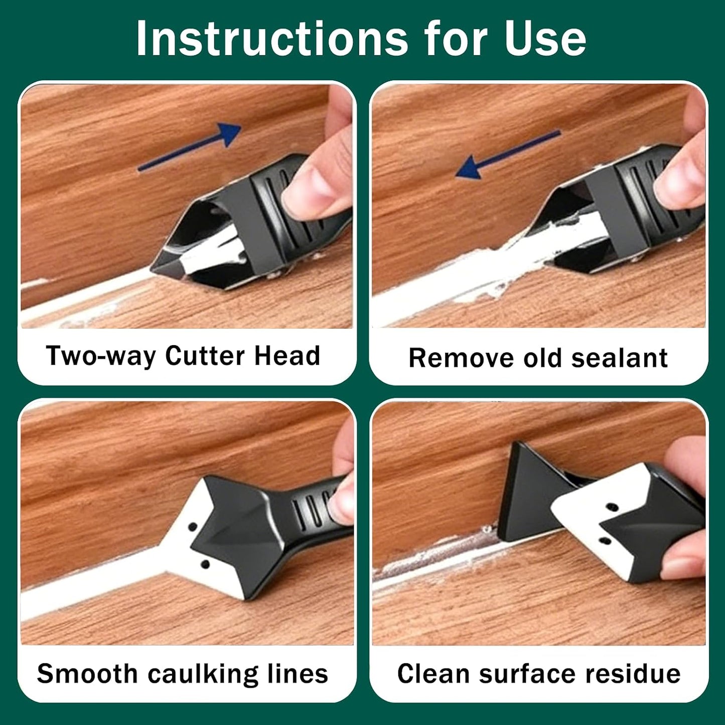 3-in-1 Silicone Caulking Tool – Stainless Steel Caulk Remover & Sealant Finishing Scraper, Grout Removal Tool, Caulk Edger & Seam Repair Kit for Bathroom, Kitchen, Floor, Window, Sink Joints
