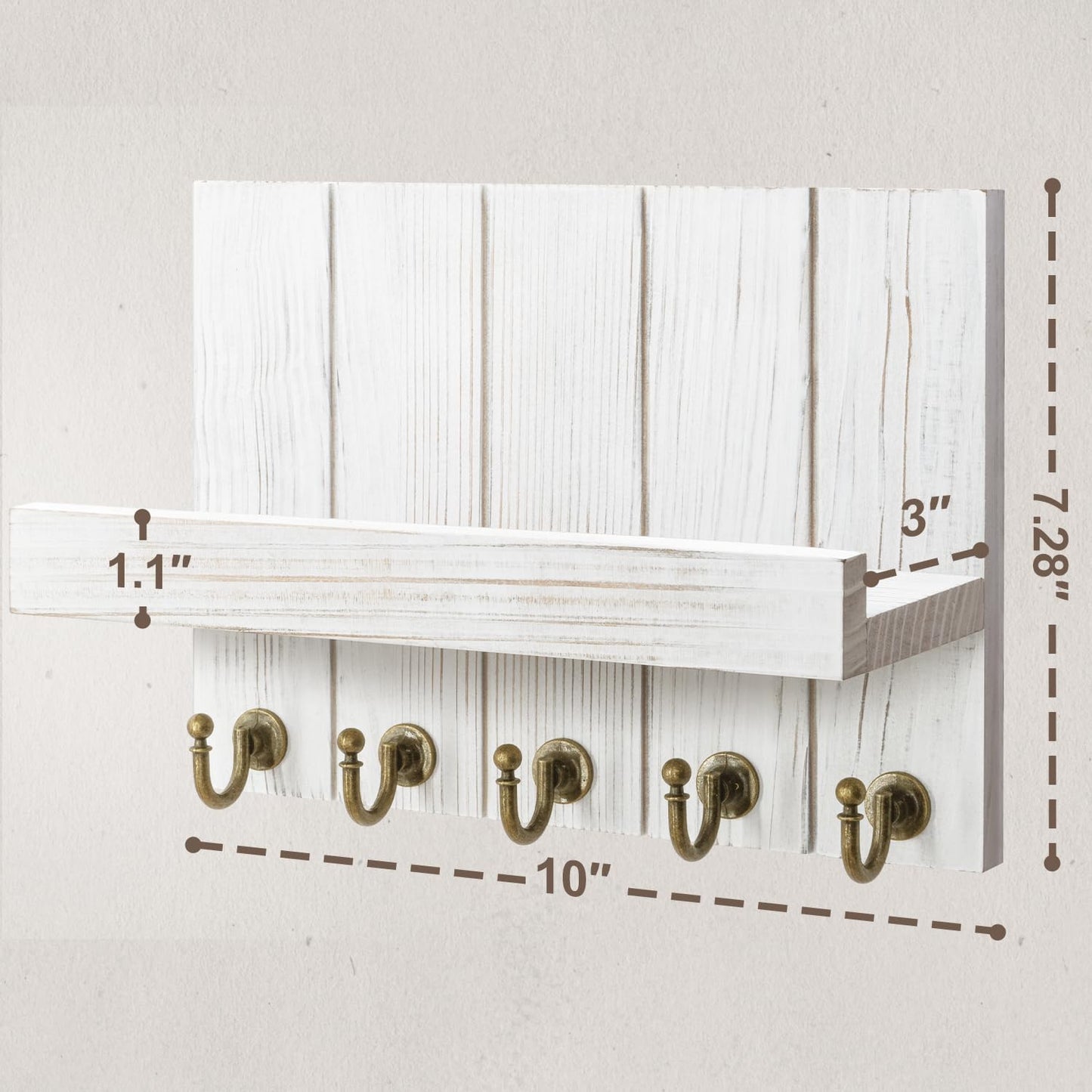 Rebee Vision Key Holder Wall Mount with 5 Key Hooks for Home Decor, Brown | 3.54'' x 10'' x 7.28'', Small Shelf for Display Plant, Key Hangers for Hat, Entryway Space-Saving Storage