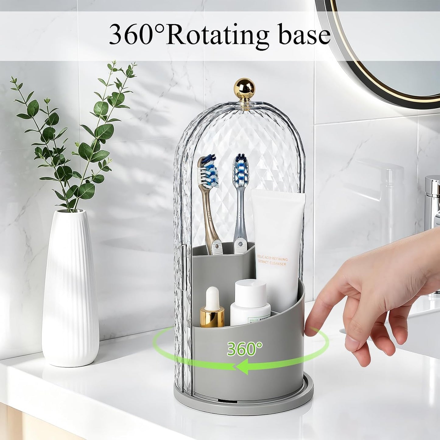 Toothbrush Holder with Cover for Bathroom Countertop, Organizer, White | Rotating 3 Slot Holder for Electric Toothbrushes, Toothpaste, Self Draining Vanity Organizer, Makeup Brush Storage
