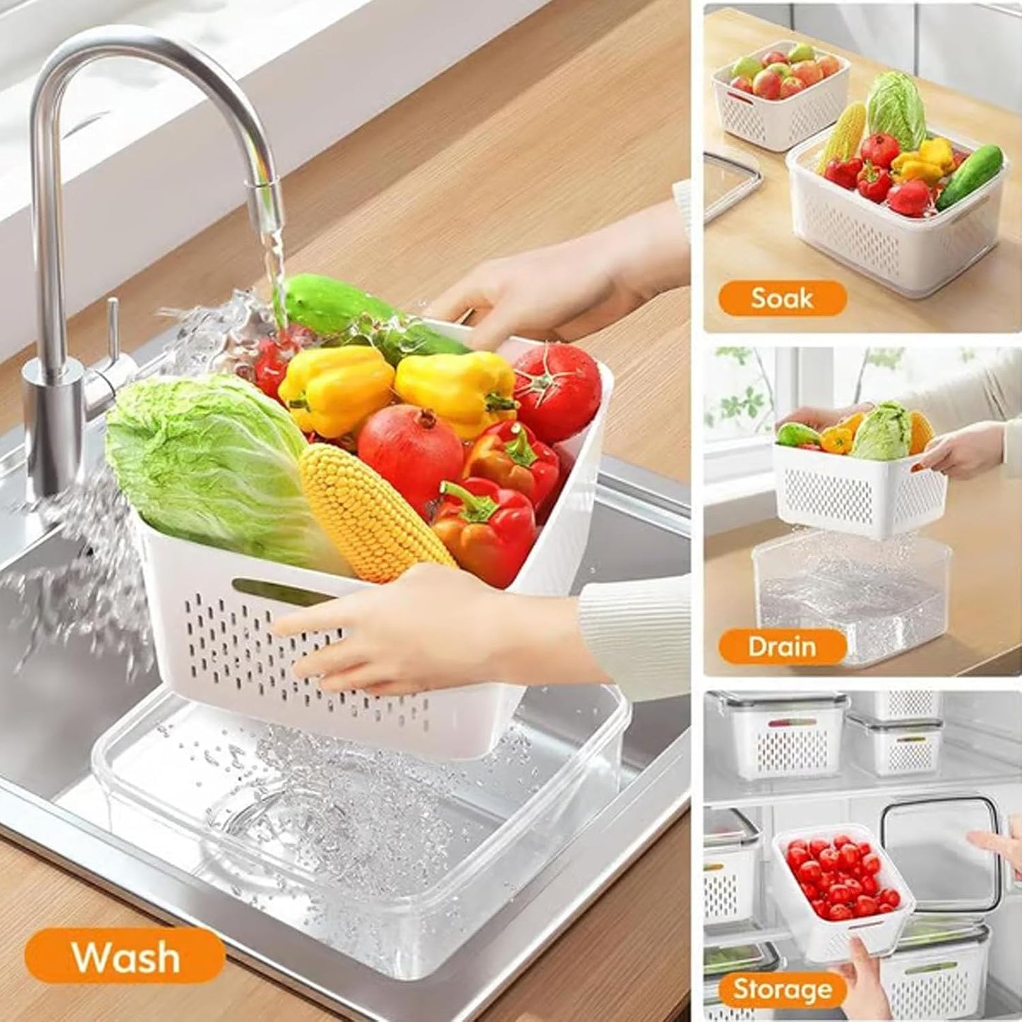 4 In 1 Food Storage Container, Fruit Storage Containers for Fridge, Household Transparent Plastic Food Storage Box-Including Drain Basket, Soak, Wash, Drain, and Store (Gray, S+M+L)