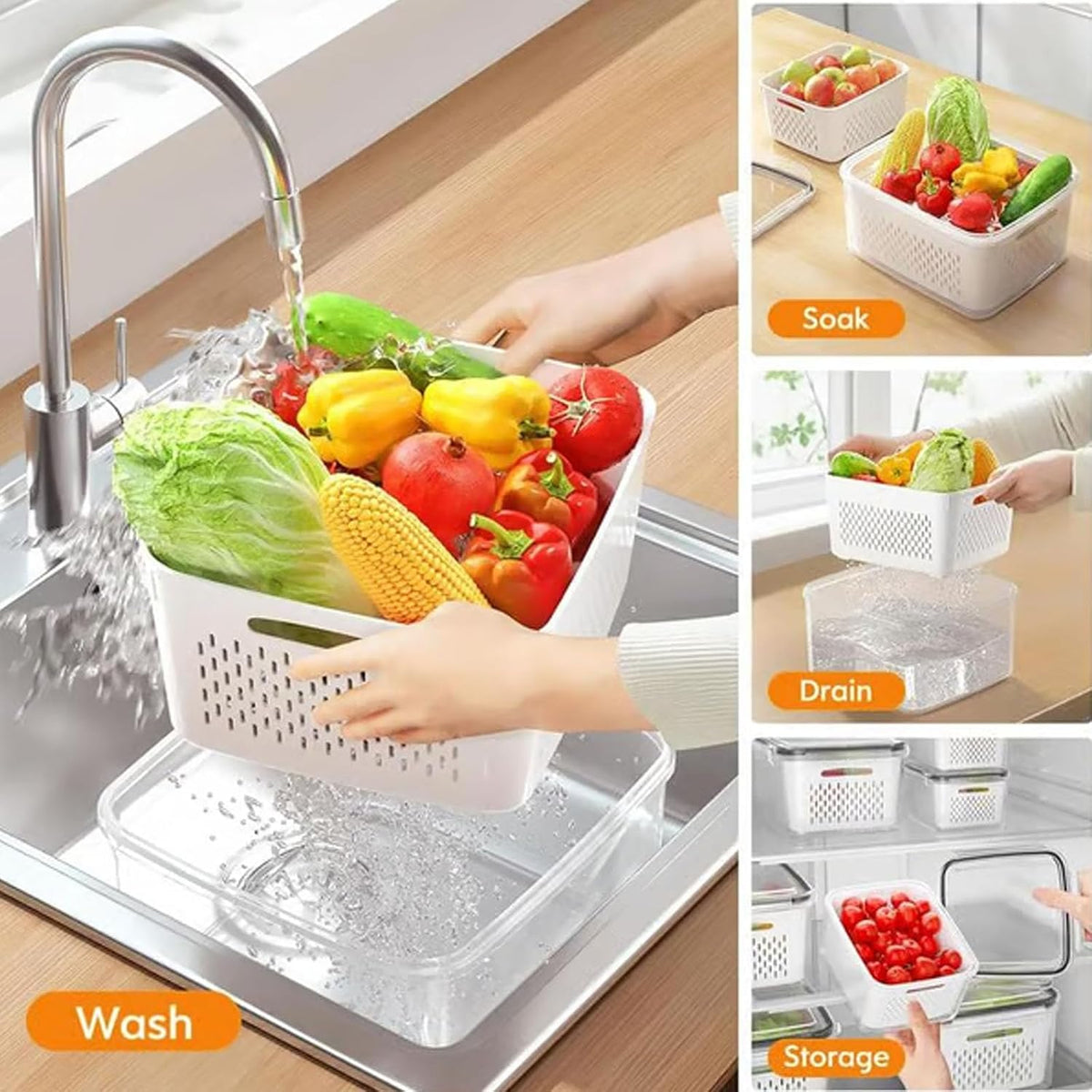 4 In 1 Food Storage Container, Fruit Storage Containers for Fridge, Household Transparent Plastic Food Storage Box-Including Drain Basket, Soak, Wash, Drain, and Store (Gray, S+M+L)