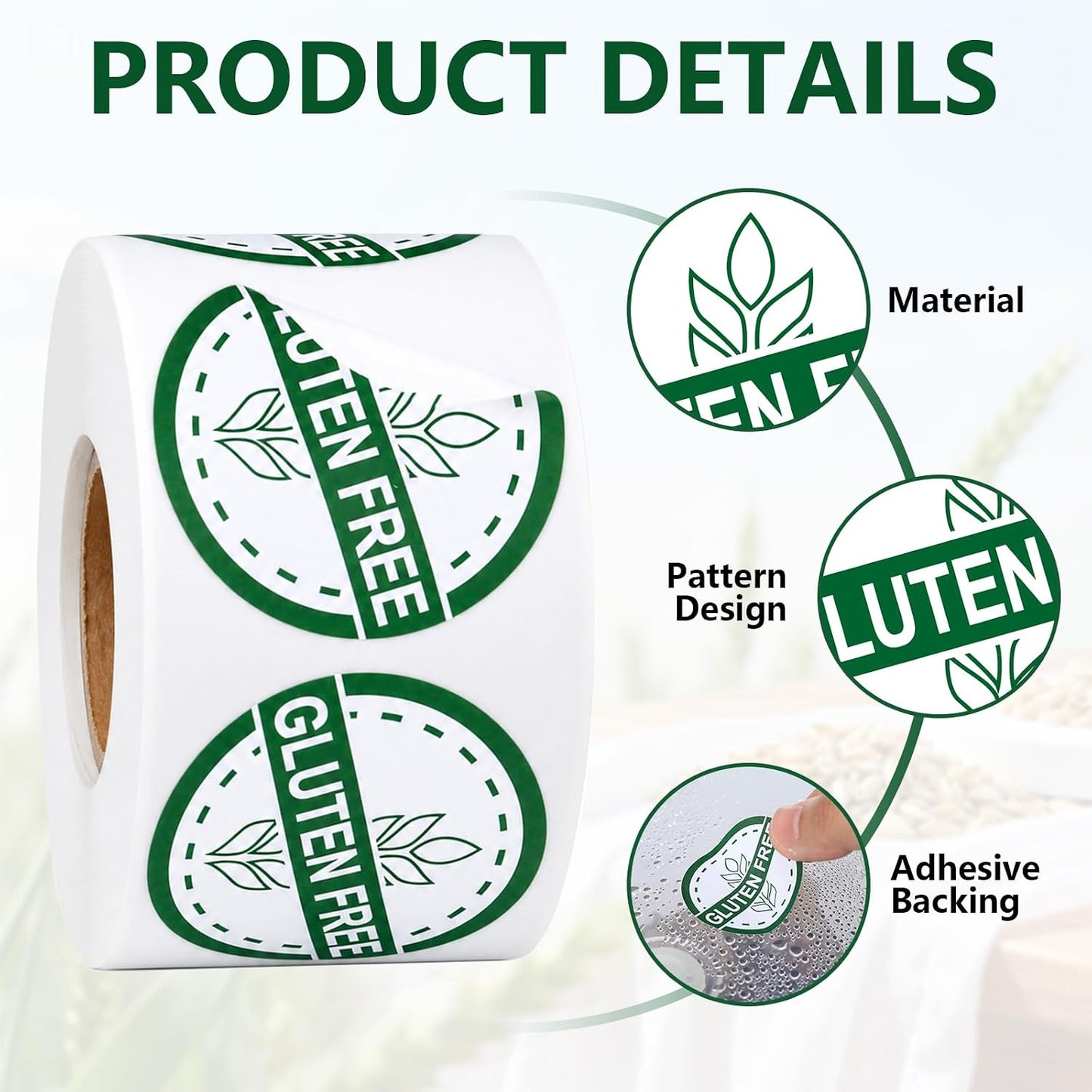 1000 PCS Gluten Free Stickers Bulk - 1.25 Inch Round Circle Gluten Free Rotation Dots Labels with Self Adhesive for Restaurants, Home Kitchen & Food Packaging, 2 Rolls(500 PCS Per Roll)