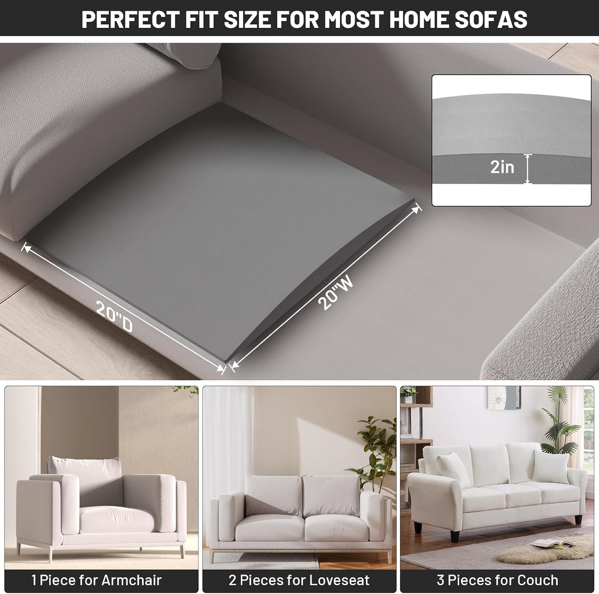 Couch Cushion Support for Sagging Seat, 20"x20"x2" 40D High Density Curved Foam Sofa Cushion Support, Under-Cushion Sag Repair,Grey Set of 3