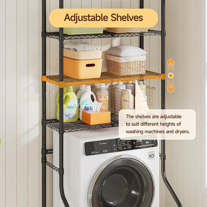 3 Tiers Expandable Over Washer and Dryer Shelves, White | Laundry Room Organization and Storage with Hanger Rod, 4 Hooks, Adjustable Height Metal Freestanding Clothes Drying Rack