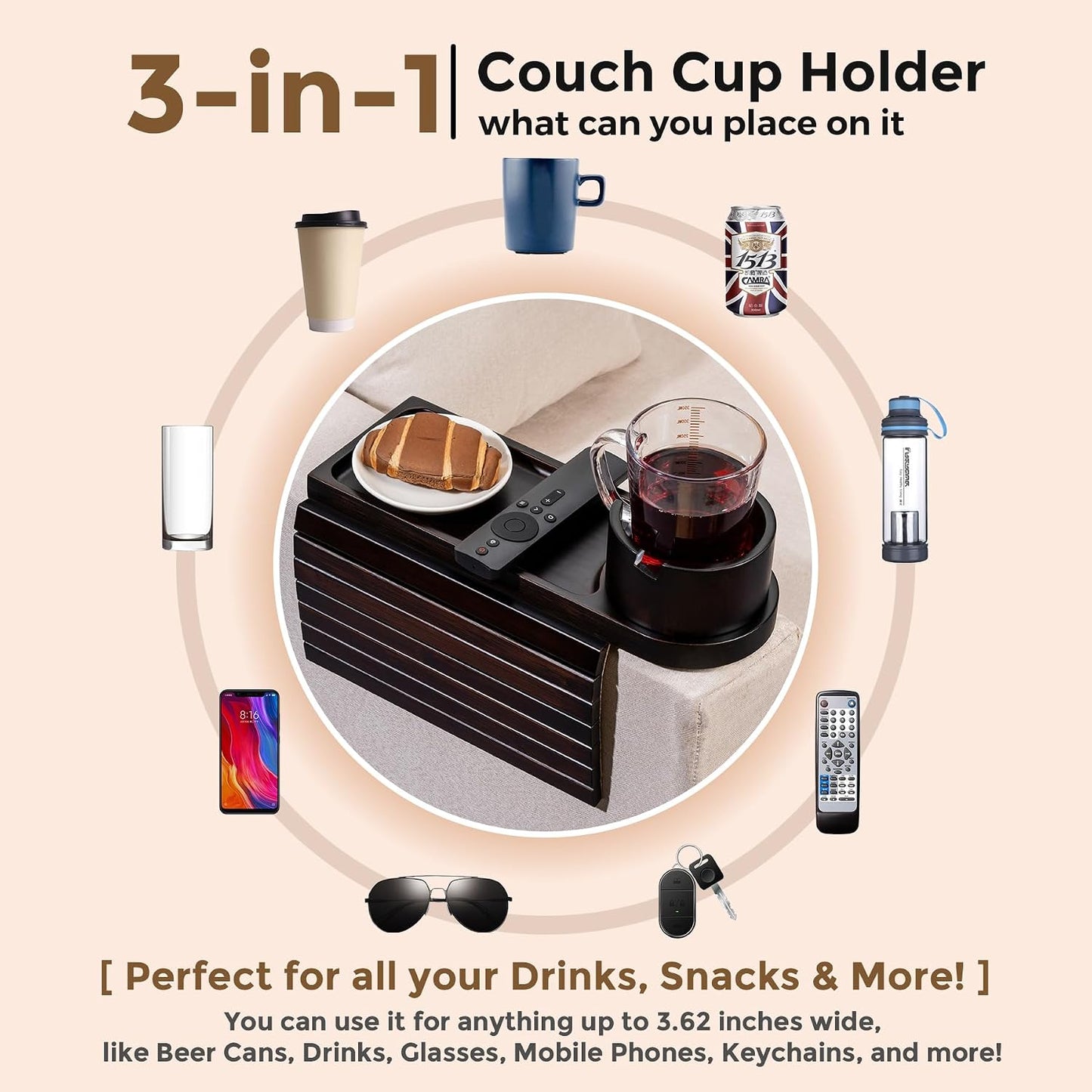 Couch Cup Holder for Armrests Over 4.9" Wide with 360° Phone Stand Walnut | Couch Arm Tray with 360° Rotating Phone Stand, 3 in 1 Foldable Sofa Arm Tray Table for Remote, Snacks, Phone, Drinks
