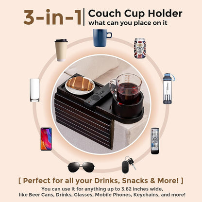 Couch Cup Holder for Armrests Over 4.9" Wide with 360° Phone Stand Walnut | Couch Arm Tray with 360° Rotating Phone Stand, 3 in 1 Foldable Sofa Arm Tray Table for Remote, Snacks, Phone, Drinks