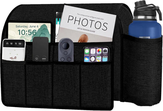 Ntomtuex Sofa Armchair Caddy Remote Control Holder with Water Bottle for Couch Recliner, Armrest Organizer with 7-Pocket Design for Magazines, Eyeglasses, iPad, Phone, Dark Grey