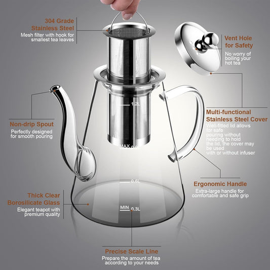 Glass Teapot, 1200ml (40oz) Tea Pot with Infuser for Loose Tea and Blooming Tea, Stovetop Safe Tea Kettle, Hand Crafted Borosilicate Glass Tea Maker with Scale Line, Tea Gift Set for Tea Lovers