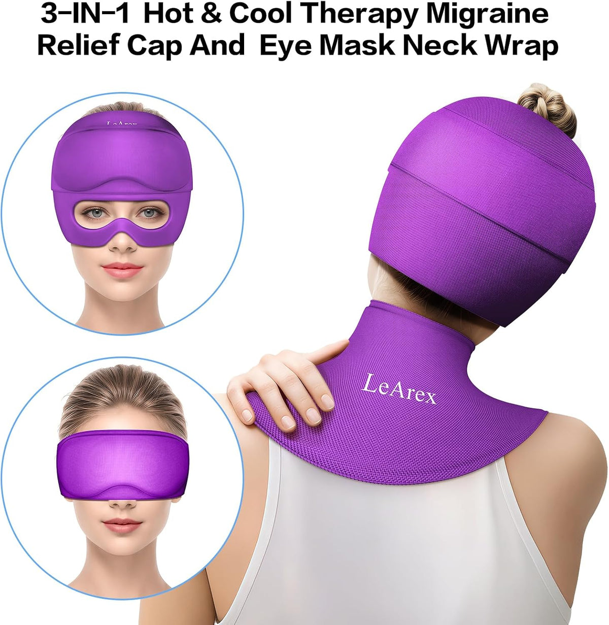 3 in 1 Migraine Relief Cap Neck Ice Pack Wrap Gel and Ice Eye Masks, Detachable Ice Caps with Eyes Masks, Hot and Cold Therapy for Relief of Headaches, Stiff Neck and Eye Fatigue (Purple)