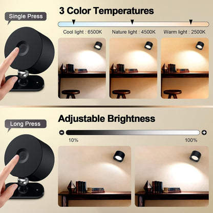 LED Wall Mounted Lights, Rechargeable Battery Operated Wall Sconces Lamp 3 Colors Temps & Remote and Touch, 360°Rotation Dimmable Wall Lights for Study Bedroom Reading Bedside (4-Pack)