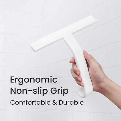 JustHang Shower Squeegee with Built-in Hook, 10-Inch Black | Award-Winning Design, All-One-Piece Soft-Touch Silicone, for Glass Door, Bathroom, Window, Mirror, Tile Wall, Car