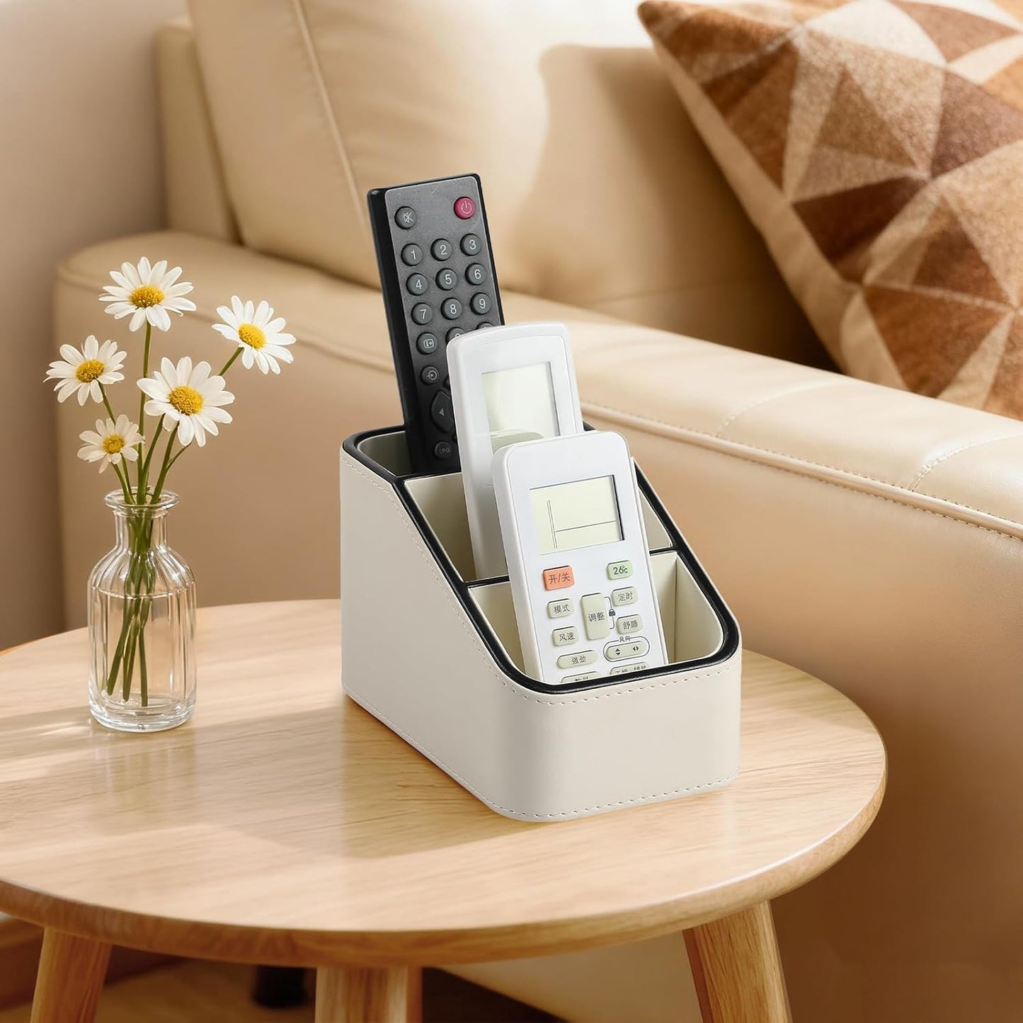 Remote Control Holder, Small Desk Organizer TV Remote Caddy, Black | PU Leather 3 Compartments Remote Holder, Remote Organizer Nightstand Organizer for Couch Bedside Living Room Office