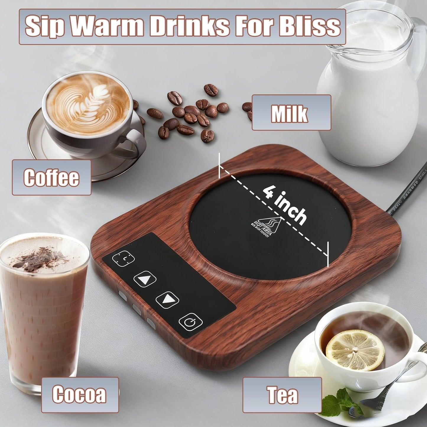 Mug Warmer, Coffee Mug Warmer, 2-12Hrs Auto Shut Off | Coffee Mug Warmer for Desk with Temperature Display, Ideal for Coffee, Tea, Milk and Cocoa (Wood)