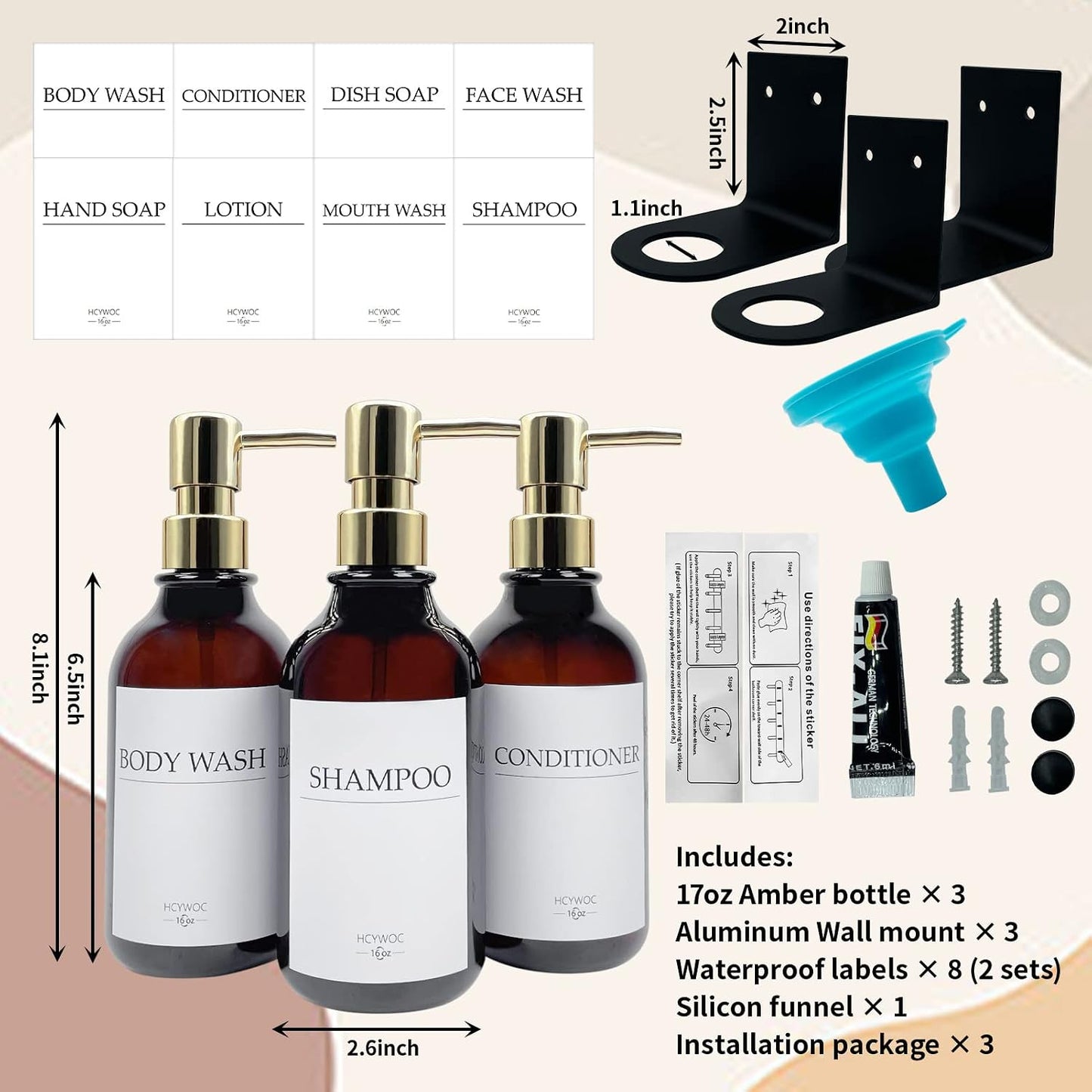 3 Pack Wall Mount Shower Dispenser, No Drill, 16 Waterproof Labels | Shampoo Dispenser for Shower Wall, Shampoo and Conditioner Dispenser, Bathroom, 17oz, Gold Amber