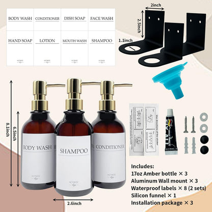 3 Pack Wall Mount Shower Dispenser, No Drill, 16 Waterproof Labels | Shampoo Dispenser for Shower Wall, Shampoo and Conditioner Dispenser, Bathroom, 17oz, Gold Amber