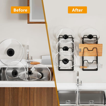 FEZHI pot lid organizer Rack, 3-tier adjustable and removable Pot Lids Holder for Kitchen Cabinet Door/Wall, No Drilling Adhesive Wall/Door Mounted Rustproof pots and pans organizer under cabinet.