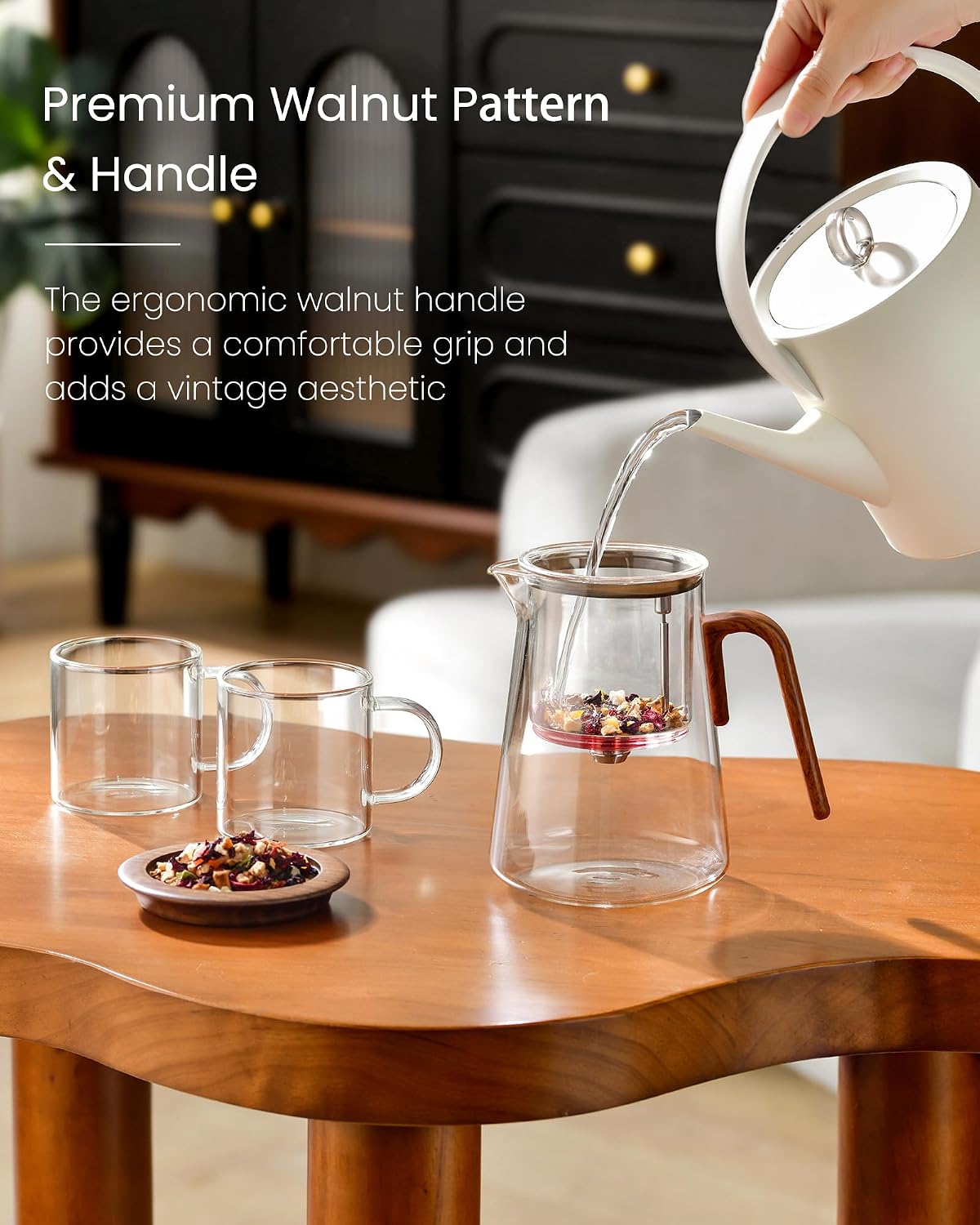 ZENS Magnetic Glass Infuser Teapot for Loose Tea, 27oz Walnut Wood Handle | Magic Teapot with Infuser, Echanted Tea Maker, Mess-Free Loose Leaf Tea Diffusers for Tea lover Gifts
