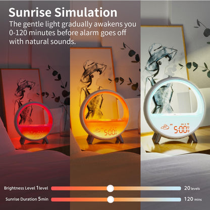 MOMILLA Smart Sunrise Alarm Clock with Wireless Charging Station, App Control Wake-Up Light & White Noise Sound Machine, Bluetooth Speaker, Compatible with Airpods/iPhone for Bedrooms & Heavy Sleepers | Bluetooth Speaker App Control,Wake-Up Light,White