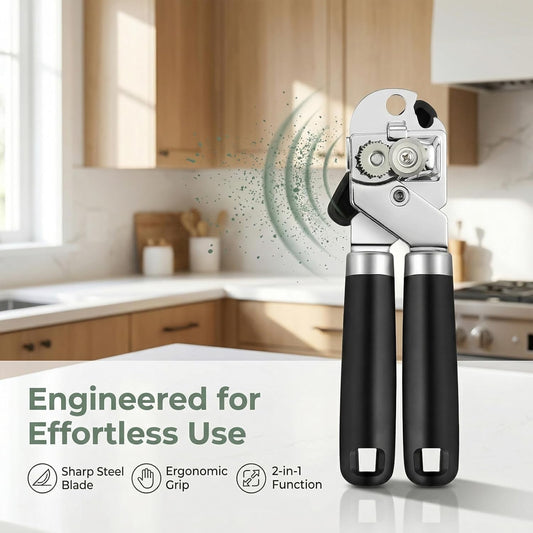 Heavy Duty Manual Can Opener, Stainless Steel, Black | 2-In-1 Can & Bottle Opener, Smooth Edge Sharp Cutting, Soft Oversized Handle, Easy Clean, Multifunctional Kitchen Tool